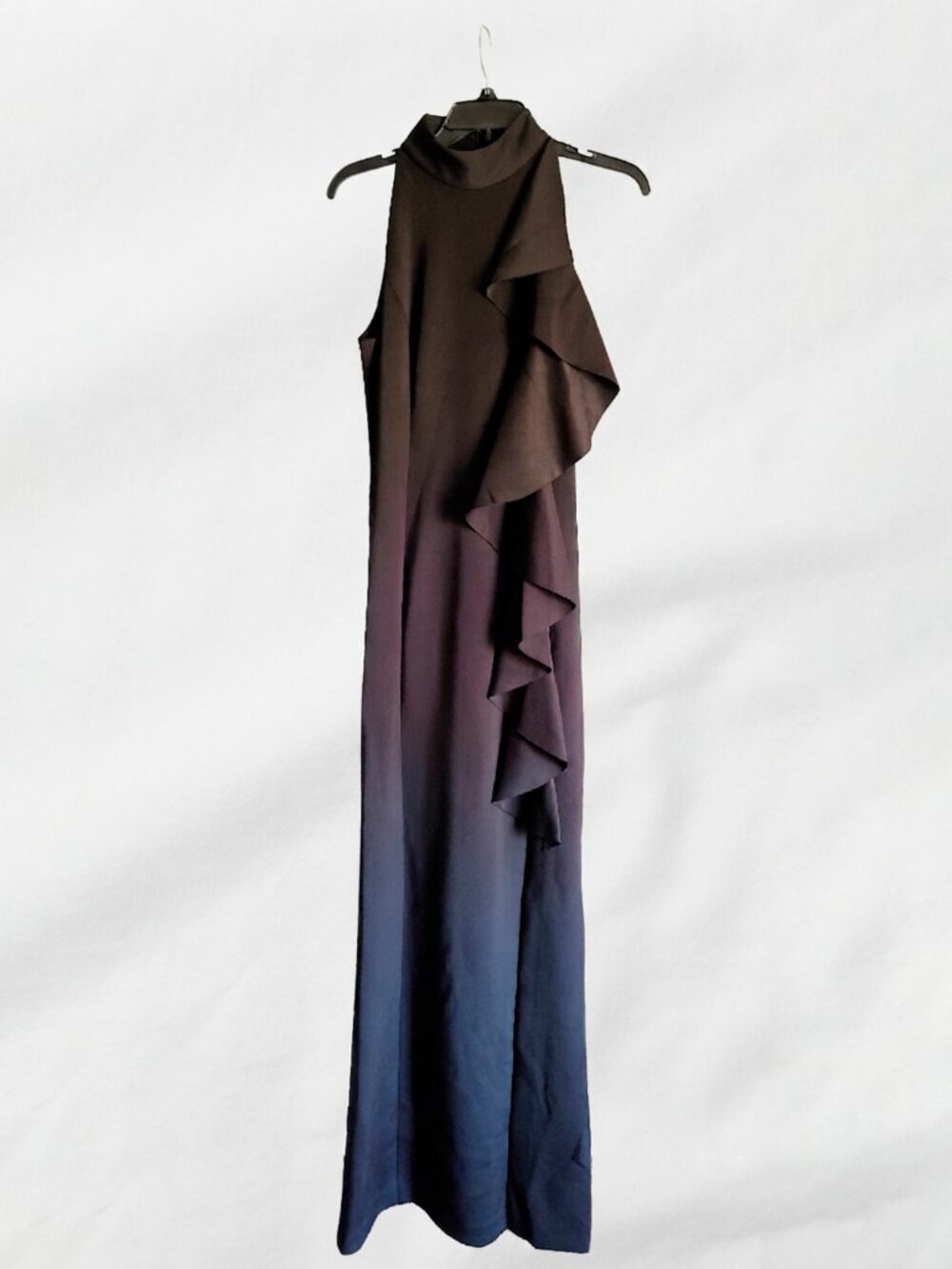 High-Neck Ruffled Ombré Evening Gown